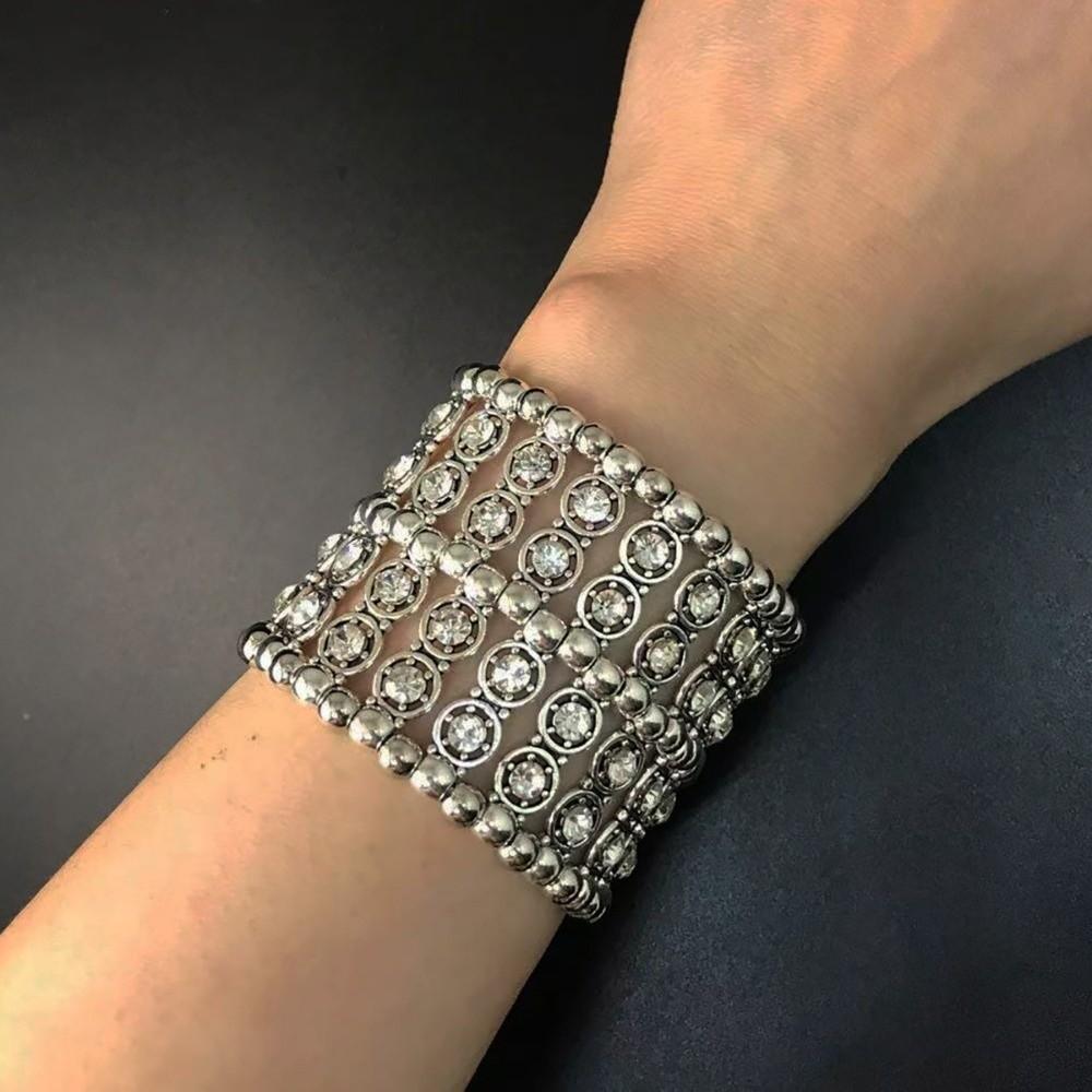 Double Row Rhinestone Bracelets Elastic Cuff Bracelet Trendy Wide Bangle For Women