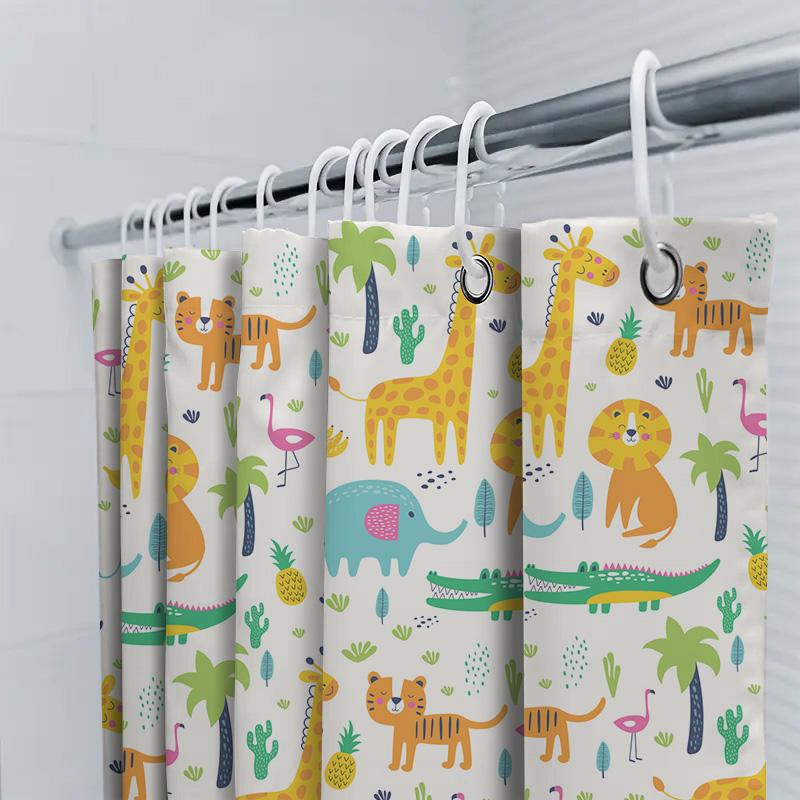Conjunto de Cortina de Chuveiro Estampa Animal Desenho Animado Girafa Leão Elefante Hipopótamo Jacaré Tigre Rosa Cacto Plantas Verdes Decoração de Banho Multicolorido
