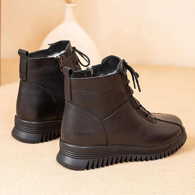 New Cow Genuine Leather Snow Boots Women Ankle Booties Platform Wedge Winter Plush Short Boots Mother Shoes for Women