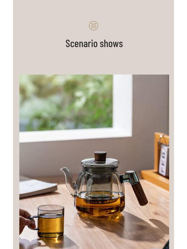 High-Temperature Resistant Glass Teapot for Boiling Water and Brewing Tea with Special Tea Separation Feature.