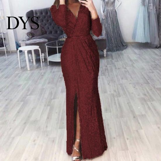 A-Linie Silhouette Cocktailkleid Damen Abend Deep V-Ausschnitt Pailletten-Dekor Lange Ärmel Elastische Taille Plissiert Hohe Absätze Kombinieren Geschlitzter Saum Uni