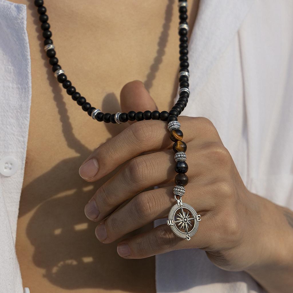 Long Beaded Tiger Stone Necklace for Men Hip Hop Niche High-end Compass Pendant Accessory