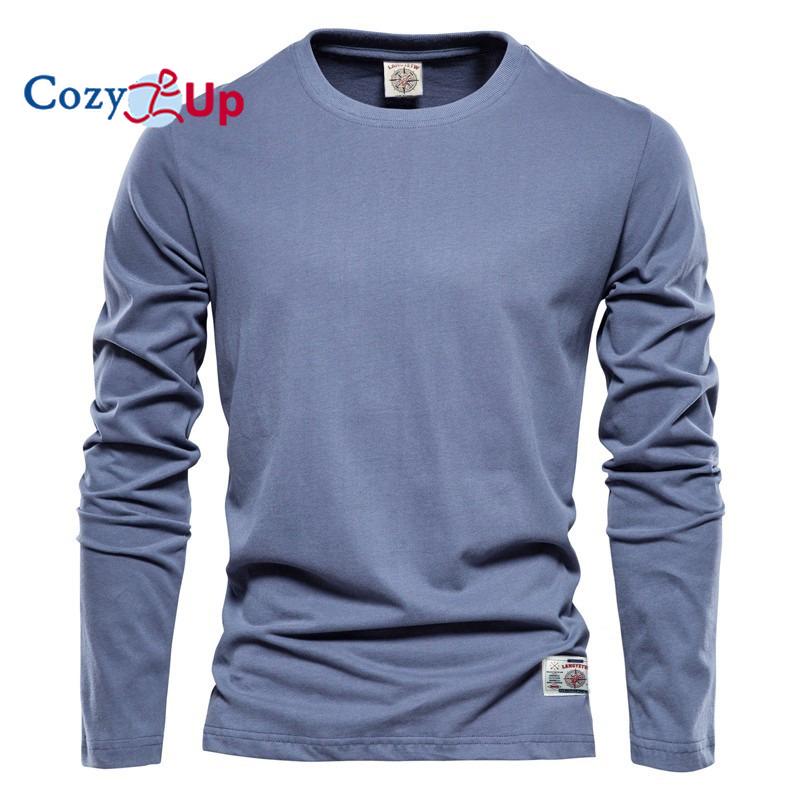 Ny Hyggelig Herre Langærmet Ensfarvet T-shirt Sport Yderbeklædning Rund Hals Bomuld Basis T-shirt