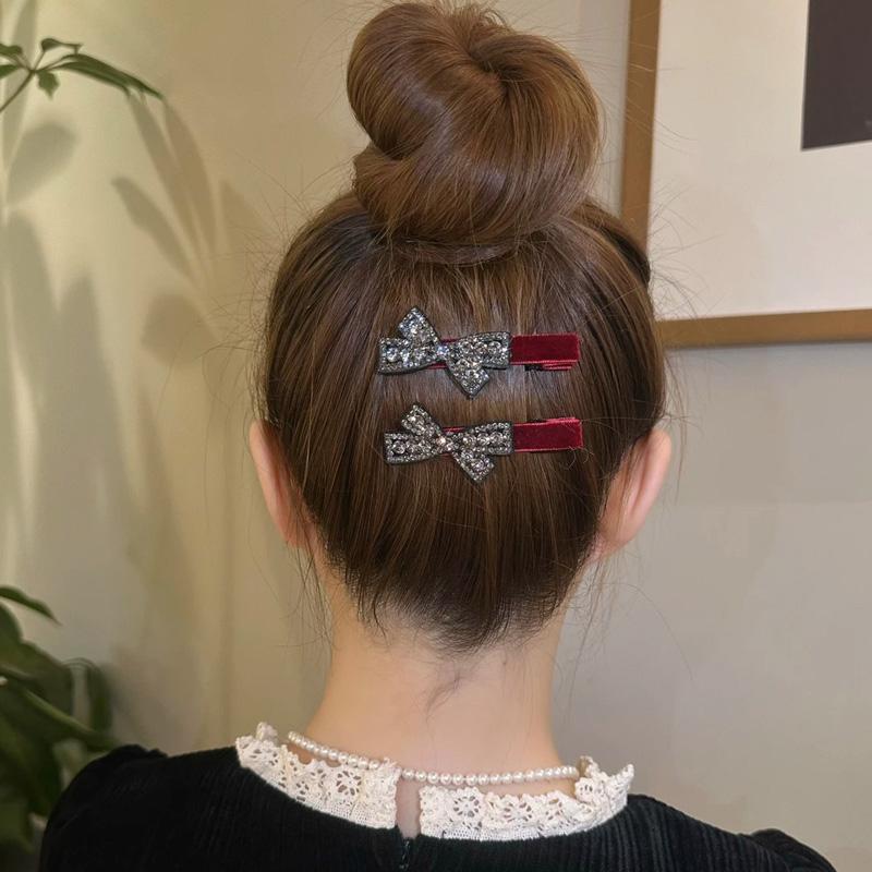 Sweet Bow Rhinestone Hair Clips for Girl New Year Headwear Red Velvet Bowknot Duck Tongue Clips Kids Sided Clips Bangs Clips