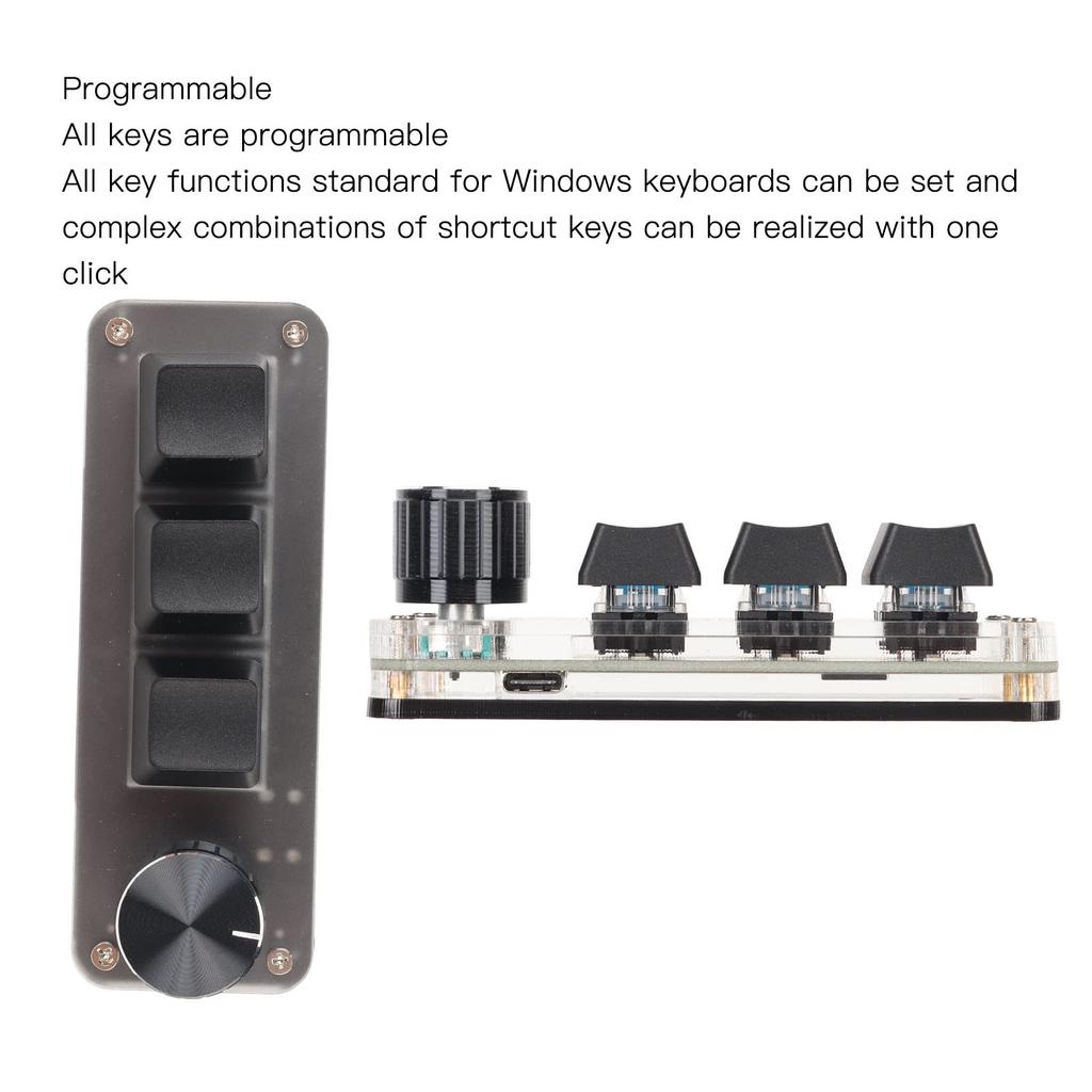 Mini 3-Key Keypad, One-Handed USB PC Keypad with Knob, Programmable Mechanical Keyboard, Mini Macro Mechanical Gaming Keyboard, Blue Switch (Black)