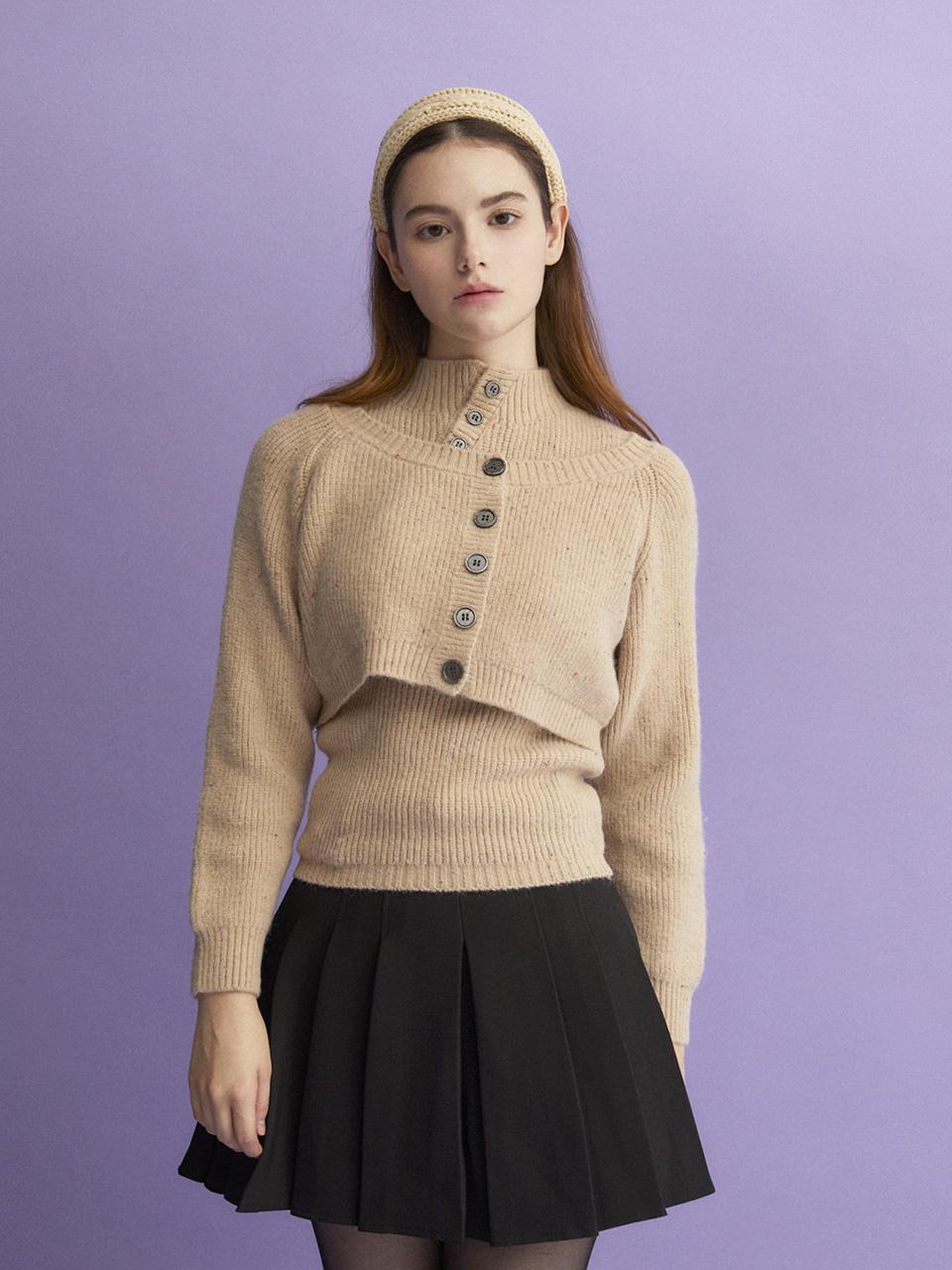 Cool Kitten High-Neck Layered Pullover Button Knit Set (Camel) Free
