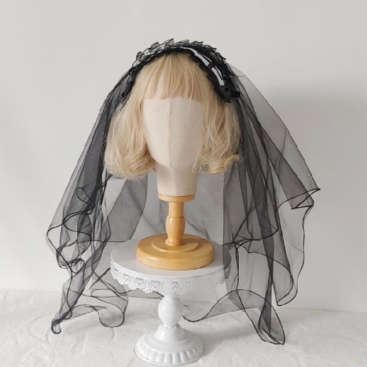 Black Mantilla Veil Crucifix Hairband Head Veil Church Mantilla Veil for Wedding Dark Series Cosplay Costume Headpiece