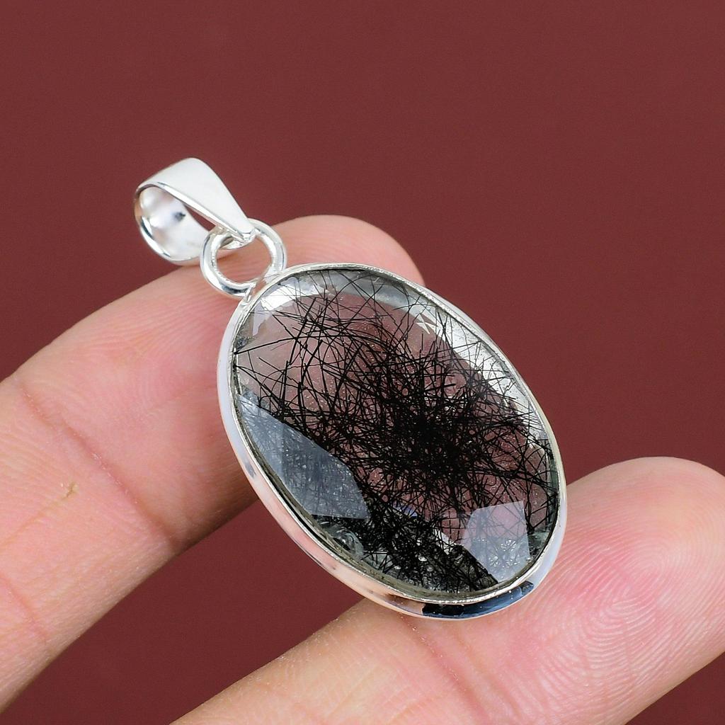 Faceted Black Rutile Pendant Gemstone Jewelry Dainty Pendant 925 Sterling Silver Pendant Handmade Jewelry Birthstone Pendant Gifts For Women