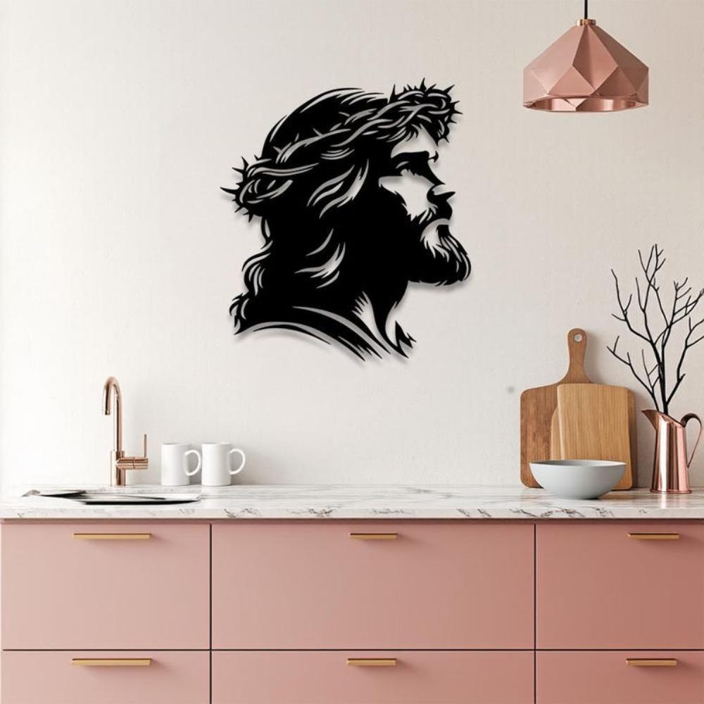 Silhouette Métallique Jésus Art Mural Décoration Chrétienne Religieuse avec Couronne d'Épines Croix Minimaliste Suspendue pour Salon Chambre à Coucher