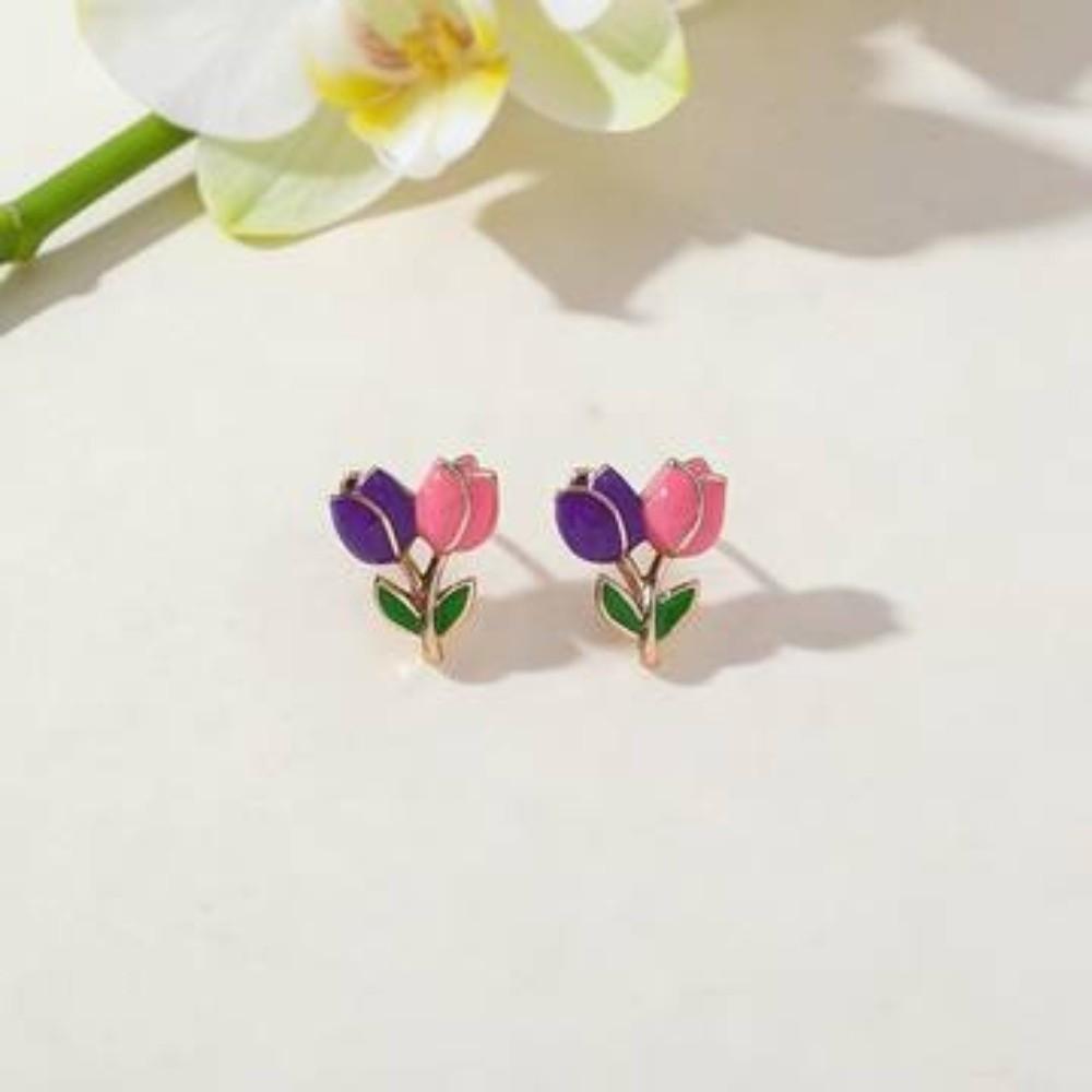 Glazed Tulip Bud Earrings Colorful Stud Earrings Fashion Color-Blocked Earrings  Daily розовый/фиолетовый