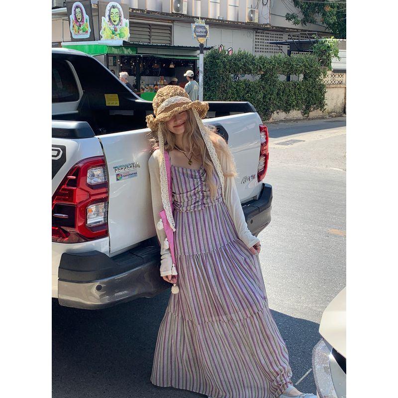 

Plus size Chubby Girl Sweet Rainbow Stripe Waist Hugging Sling Dress Women Summer New High-Grade Slimming Long Skirt 8808 Apricot Blouse M