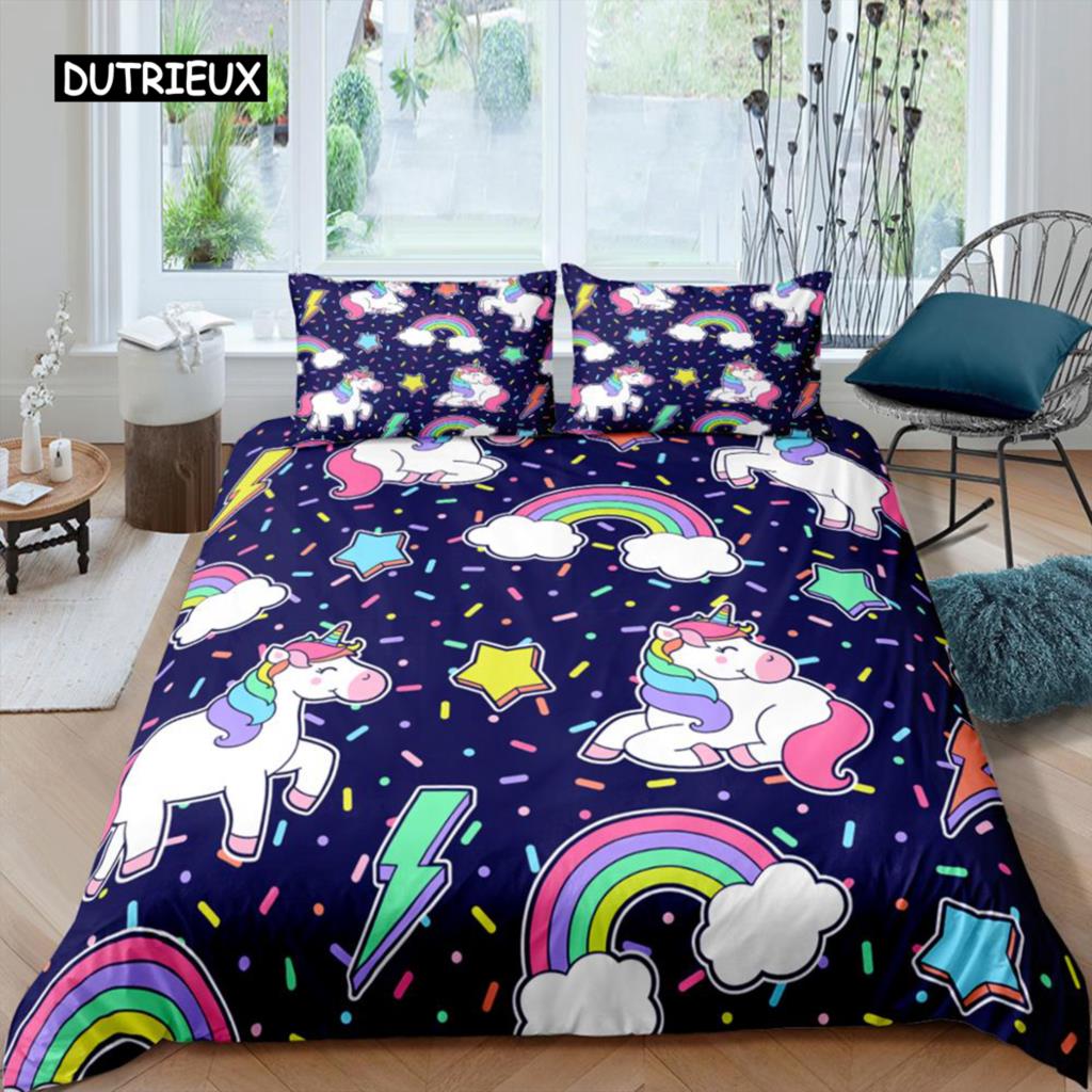 Duvet Cover Pink Rainbow Unicorn Comforter Cover Set for Women Girls Kid Baby Birthday Bedroom Decoration Lovely Cartoon Animal