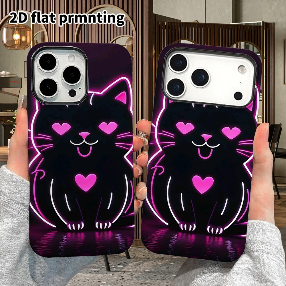 Phone Case: 2D Flat Design Suitable for iPhone 18 17 16 15 14 13 Pro Film Protective Case, Couple Style, Little Black Cat with Heart, Christmas and Ha