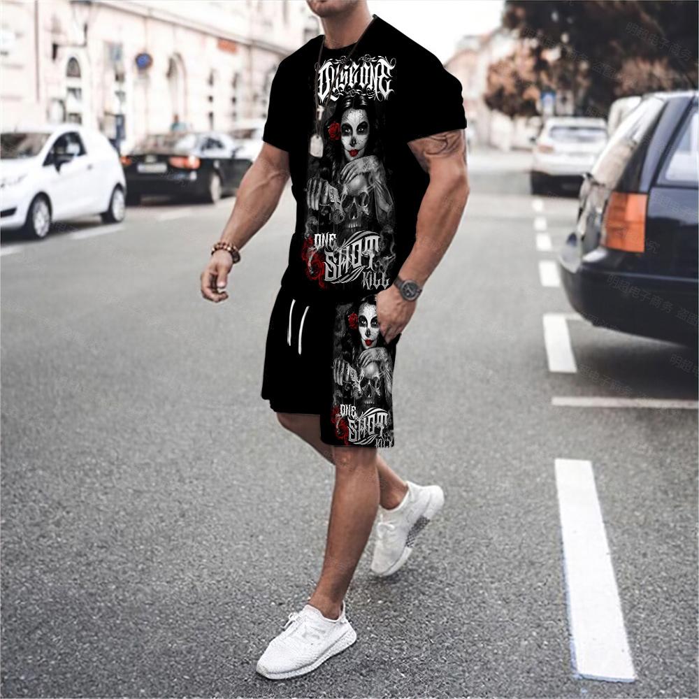 3D Angel Print T Shirt Set Gothic O Neck Black Short Sleeve Funny Wings Angel Graphic Rock Hip Hop Skull Top Shorts