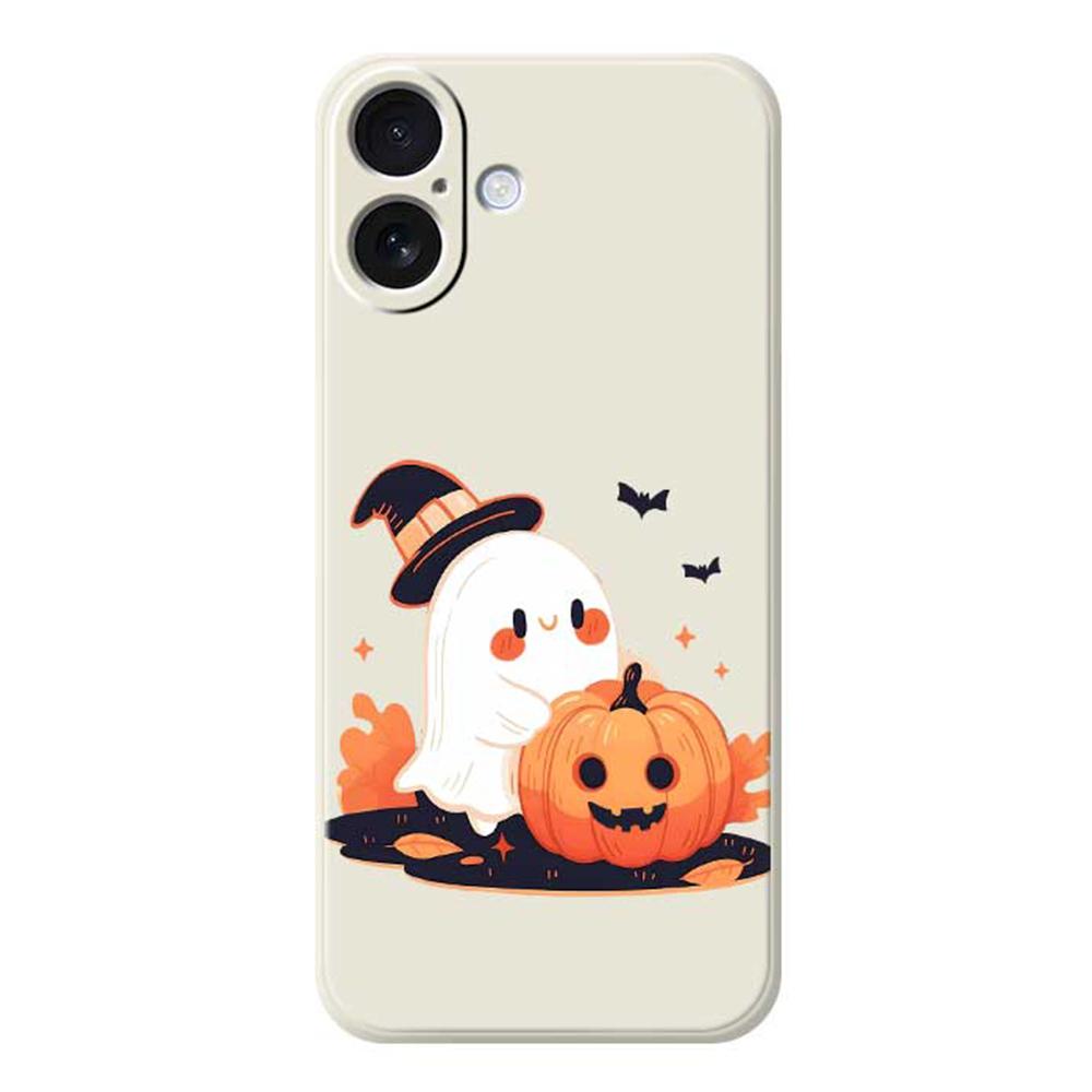 

For iPhone 17 Case Halloween Ghost Pumpkin Pattern Printing Straight Edge TPU Phone Back Cover Beige