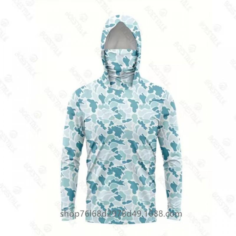 Mens Quick-Dry Ice Silk Long Sleeve Fishing Shirt With Hood Integrated Face Cover UV Protection Outdoor Sunproof Apparel