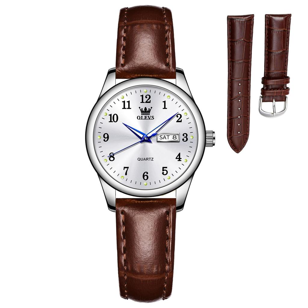 Waterproof OLEVS Popular Arm Watch Analog Quartz Fashion Business Stylish Watch White Dial Cute Watch Leather Strap Watch Lightweight Silver Watch for