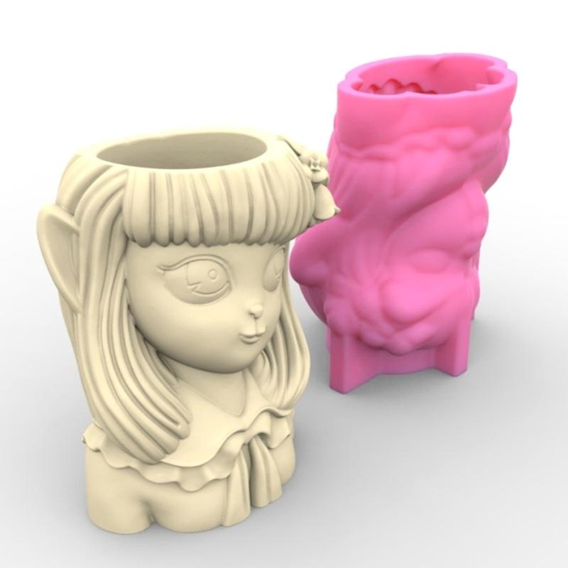 Geometric Little Girl Gypsum Silicone Molds Storage Box Mold for Making Succulent Plant Pot Flower Pot Pen Holder