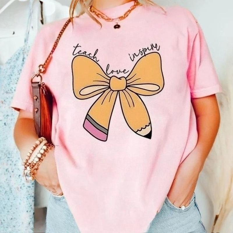 Cute cartoon pencil bow print Tshirt casual round neck short sleeved versatile Womens Tshirt