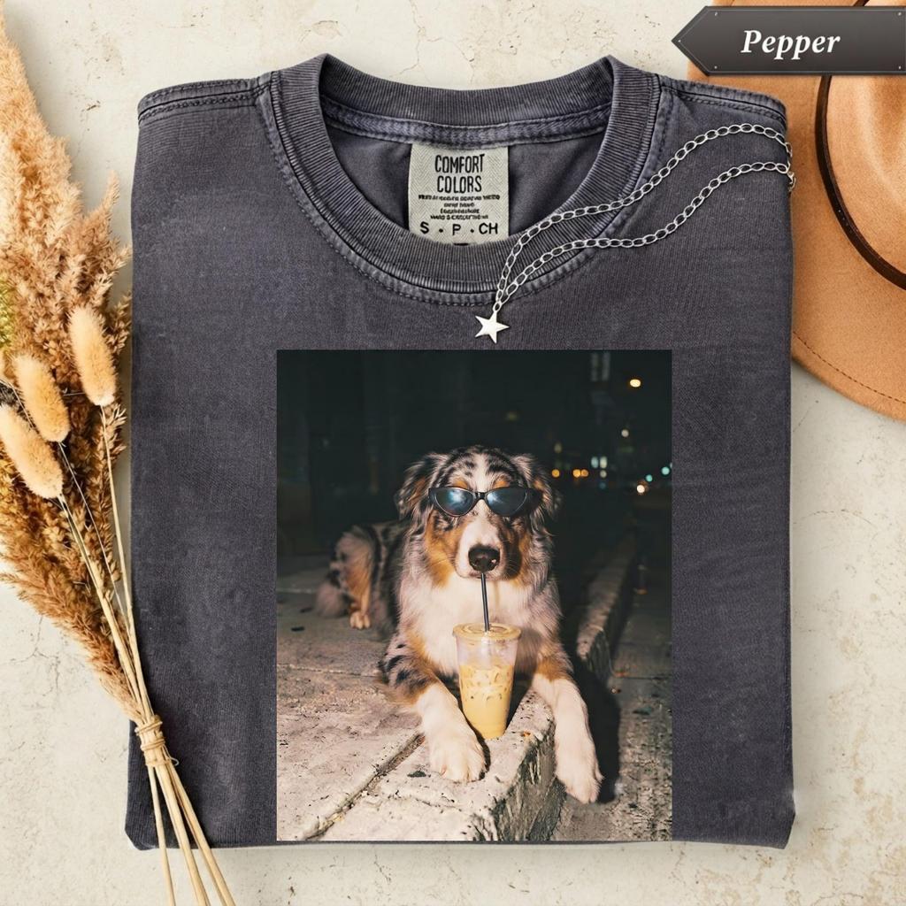 Australian Shepherd Drinking Iced Coffee Shirt, Funny Aussie Dog T-Shirt, Comfort Colors Dog Lover Tee, Aussie Mom Gift, Cute Coffee Dog Tee