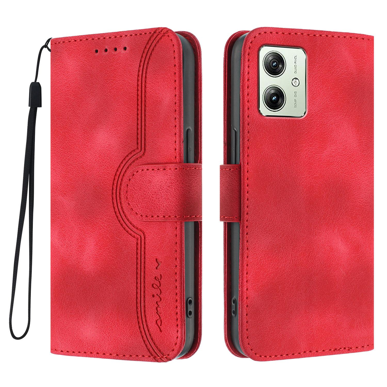 

For Motorola Moto G54 Power 5G Leather Case Wallet Stand Smile Imprinted Phone Cover with Strap Red