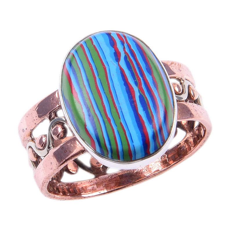 Natural Rainbow Calsilica Gemstone 925 Sterling Silver Two Tone Ring S.8.5 B4N89