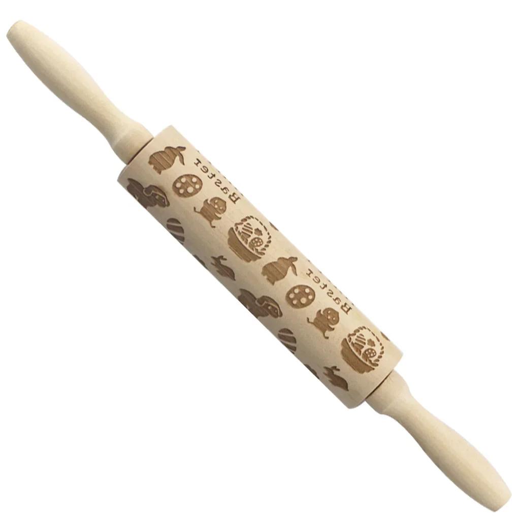Christmas Decoration Baking Pastry Tool New Year Dough Stick Embossing Roll Pin Laser Wooden Christmas Rolling Pin