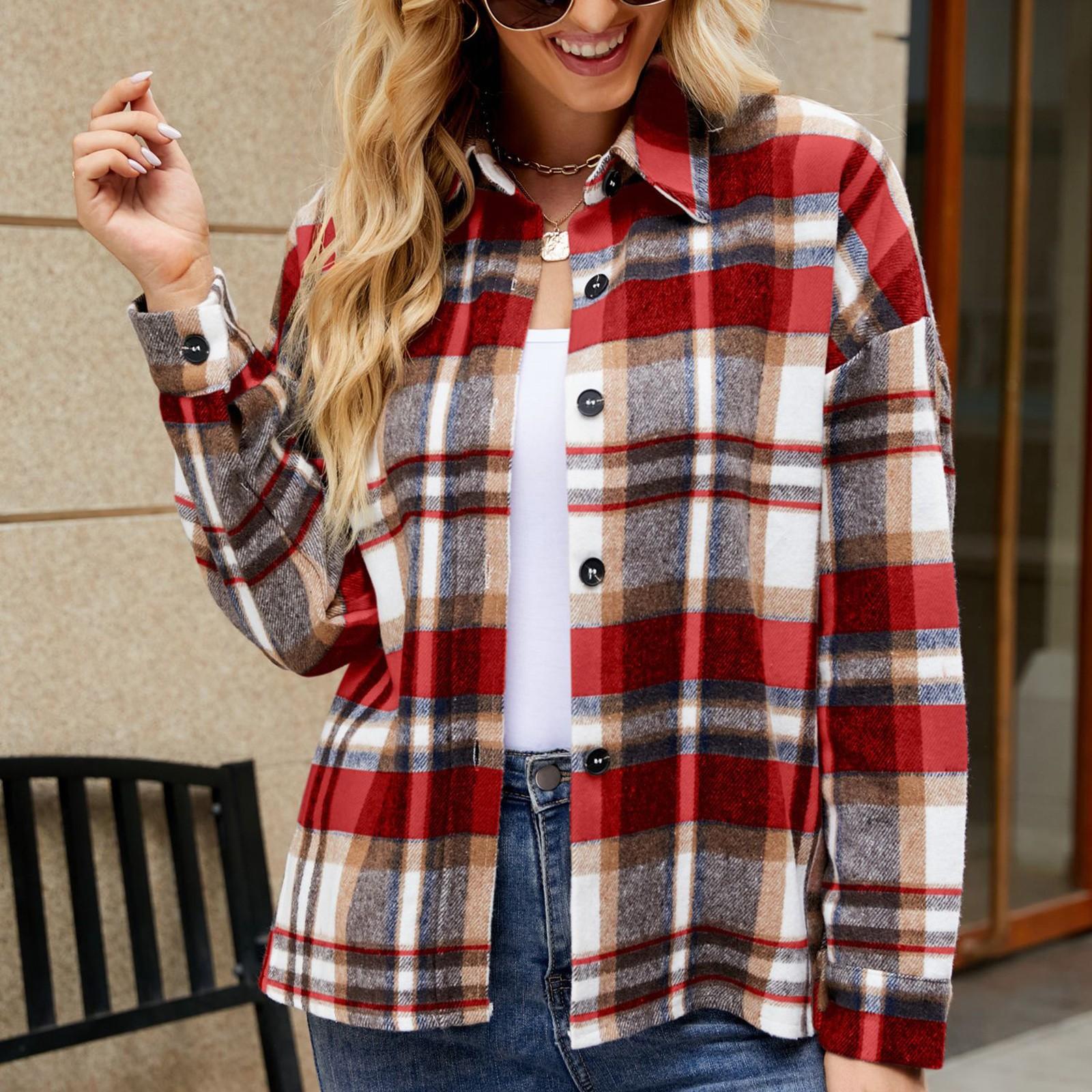 

Модные женские повседневные топы в клетку с длинным рукавом и воротником-стойкой, пальто M красный