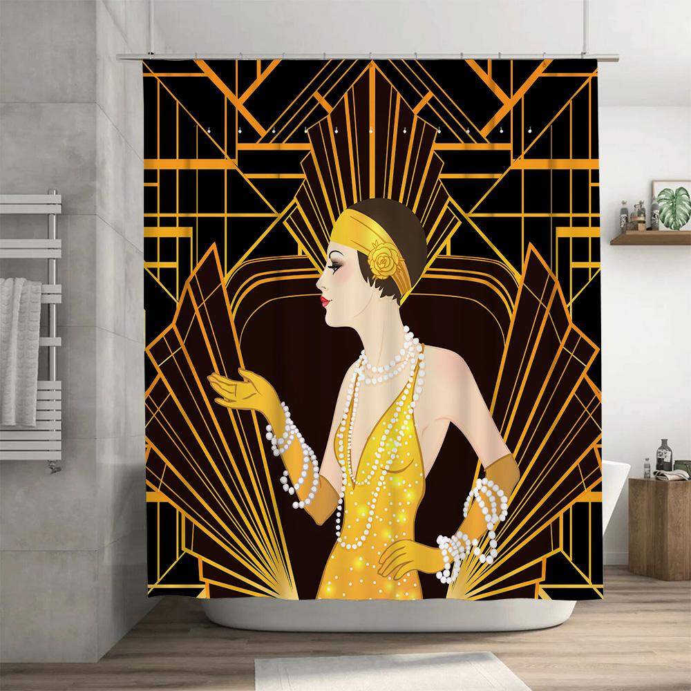 Vintage Art Deco Shower Curtain Luxury Golden Flapper Girl Print Bath Mat Cover Decorative Fabric Home Decoration Waterproof Was