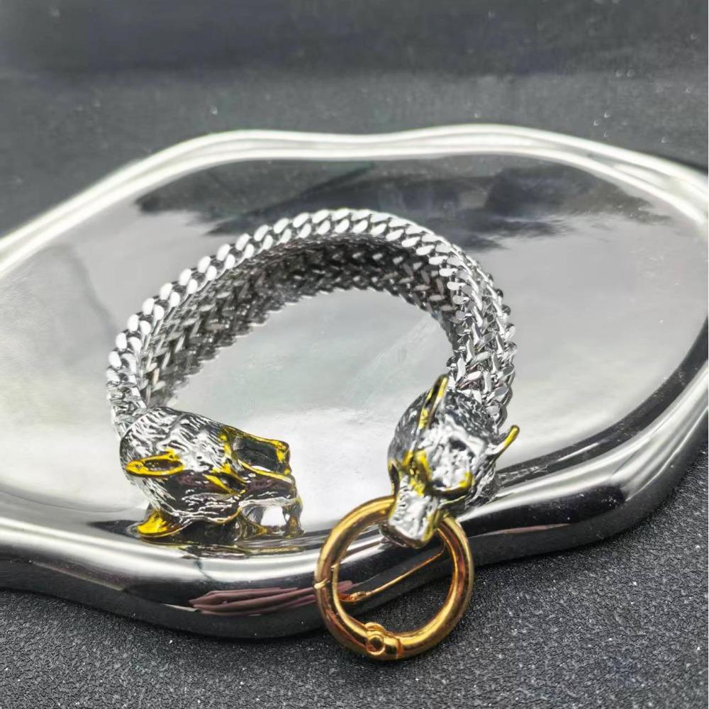 Viking Wolf Head Bracelet for Men Stainless Steel Chain Link Retro Handmade Jewelry Gift