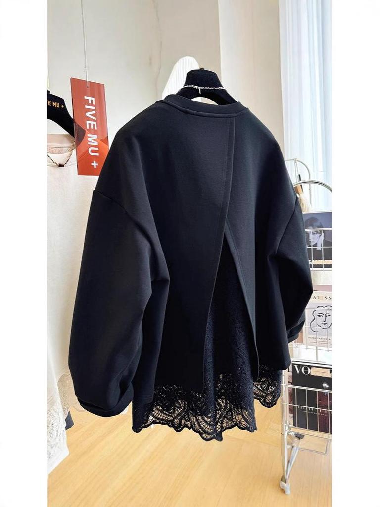 Women's 2024 Lace Splicing Faux Two-Piece Round Neck Sweatshirt - Spring/Autumn Casual Loose Fit