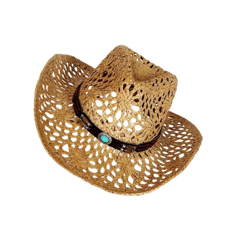 Western Hat Handcrafted Openwork Design Lightweight Paper Straw Sun Hat Adjustable For Beach Travel Outdoor Event