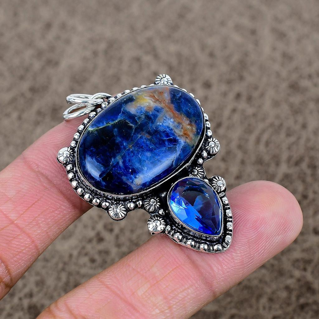 Sodalite, Topaz Gemstone Handmade 925 Sterling Silver Jewelry Pendant 2.01" KKG-331