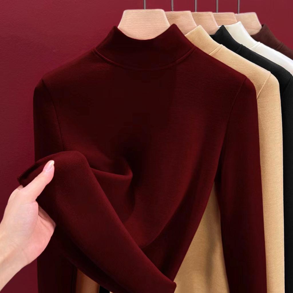 Semi-turtleneck silk thermal underwear women's top, piled and thickened inside, including wool bottoming shirt, heating autumn clothes winter