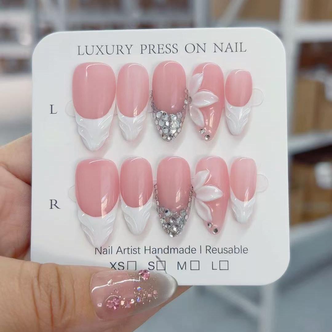 Gentle Wind Almond Nail White French Ice Transparent Engraving Hand-worn Nail Fake Nail Finished Product XS