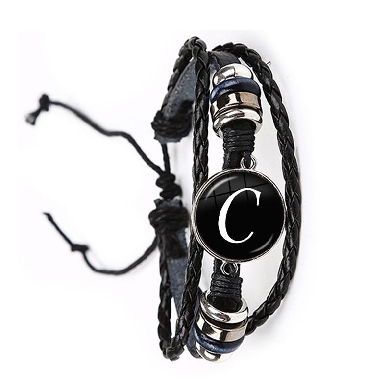 Fashion Simple Initial Alphabet Men's Braided Leather Bracelet Punk Rock 26 Letters A-Z Glass Bracelet Jewelry Gift for Men