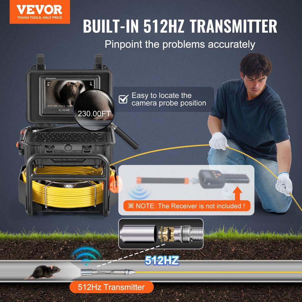 VEVOR Sewer Camera, 230 ft/70m, Self-Leveling Drain Camera with 512Hz Transmitter, Distance Counter