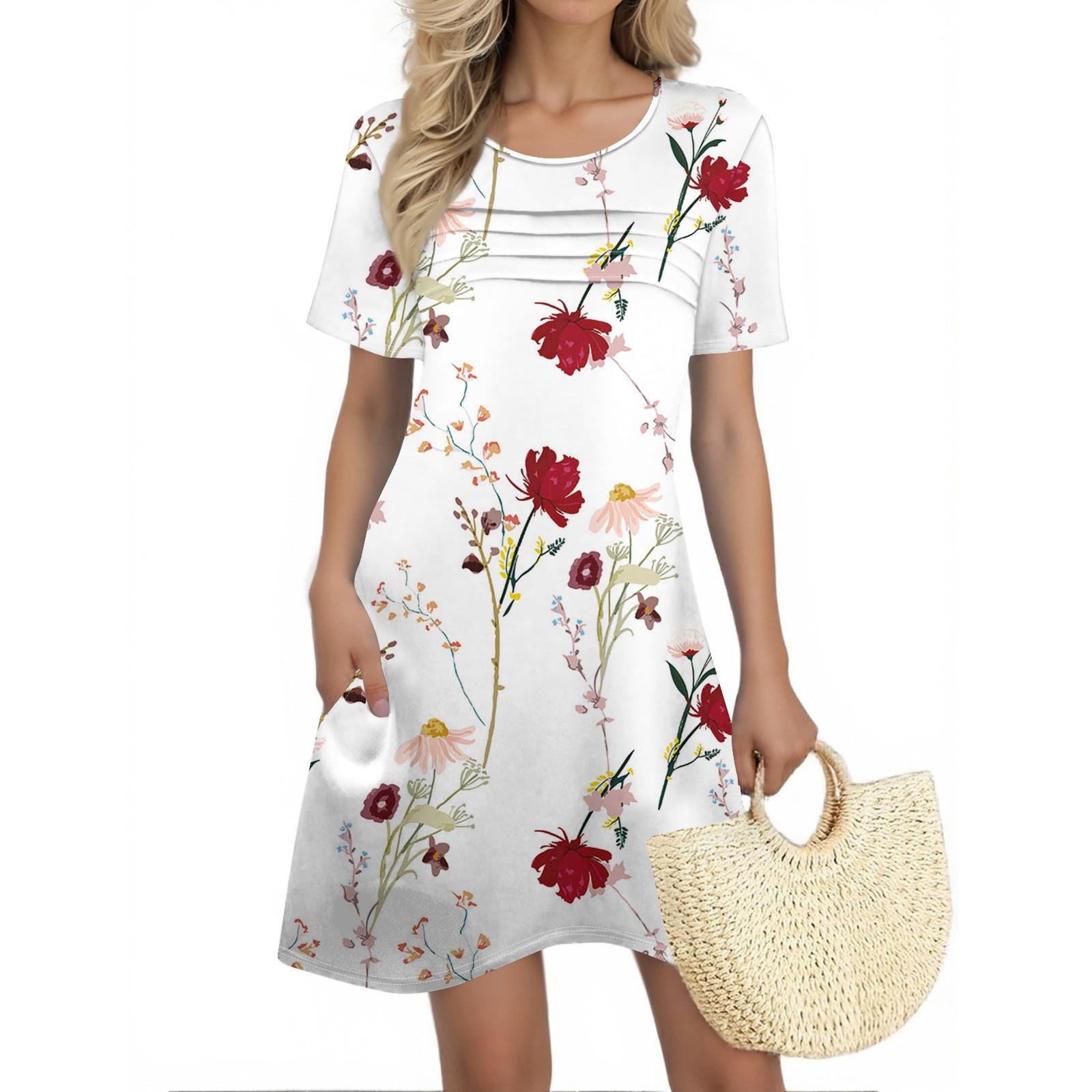 

Женские летние платья Женские летние платья с цветочным принтом Повседневные платья с коротким рукавом и круглыми карманами XL белый