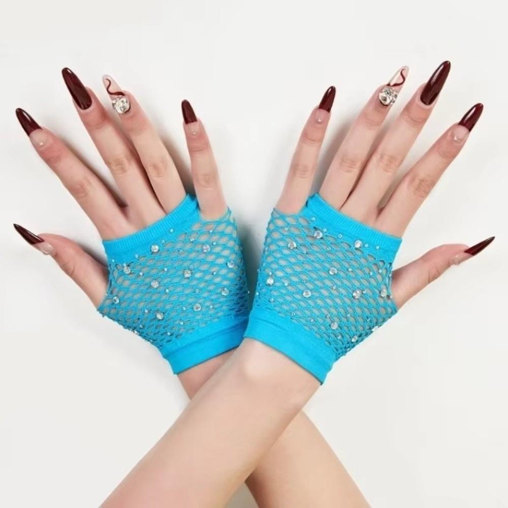 Fishnet Design Rhinestone Gloves Shiny Decor Short Gloves New Fingerless Gloves Dance Performance