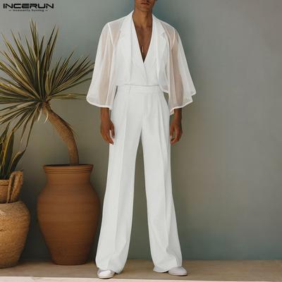 Men Sets 3/4 Sleeve Mesh Sheer Layers Tops and Long Pants Casual Suits