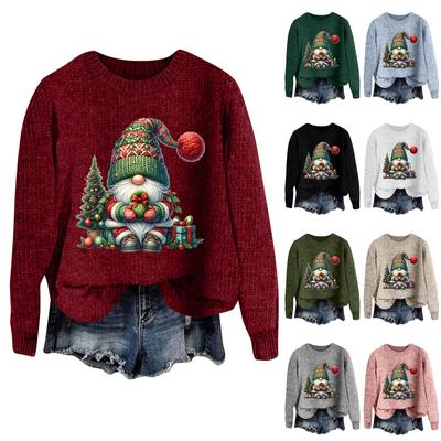 Women's Fashion Casual Long Sleeve Christmas Printed Round Neck Woolen Knit Pullover Top