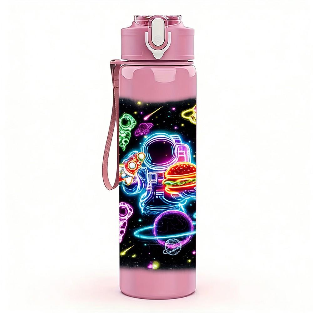 1PC Neon Glow Abstract Graffiti Print 750ml Color Plastic Sports Water Bottle Leakproof Flip Straw Lid Suitable for Sports Office Home Use