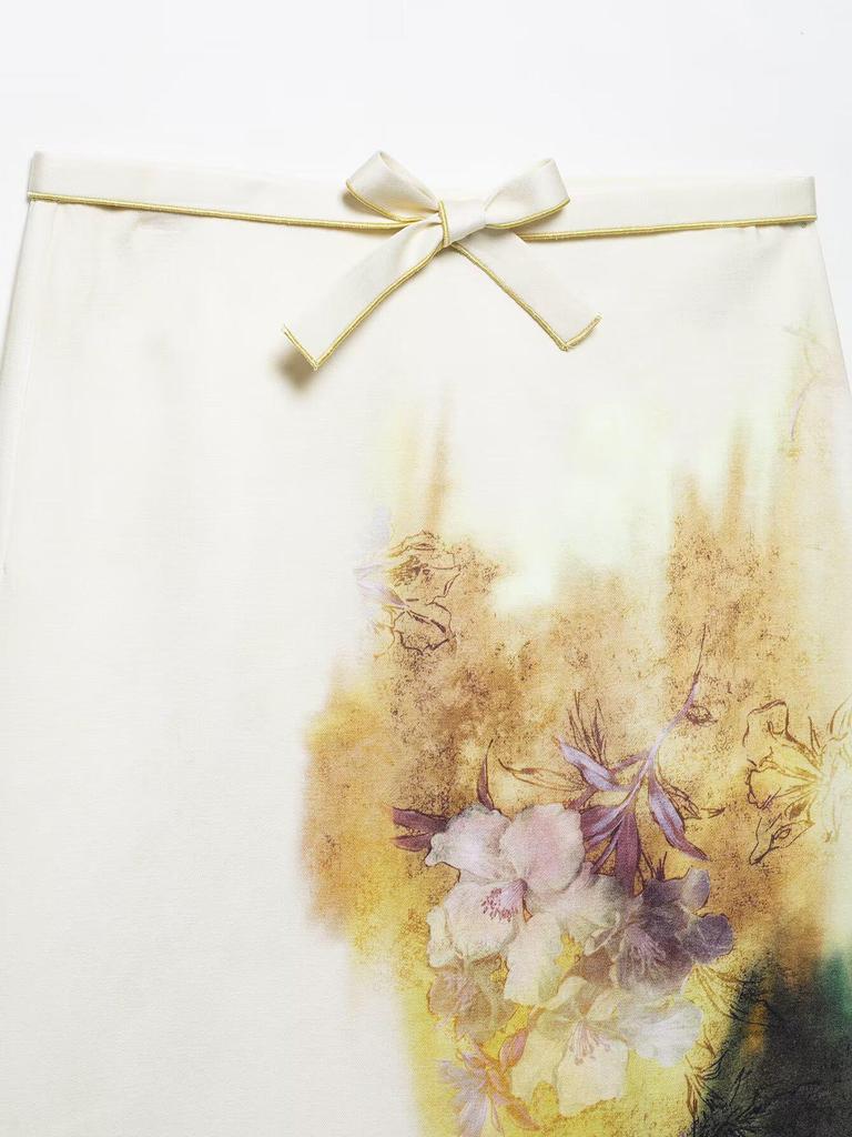 2025 Summer Silk Satin Print Midi Skirt: European & American Trend