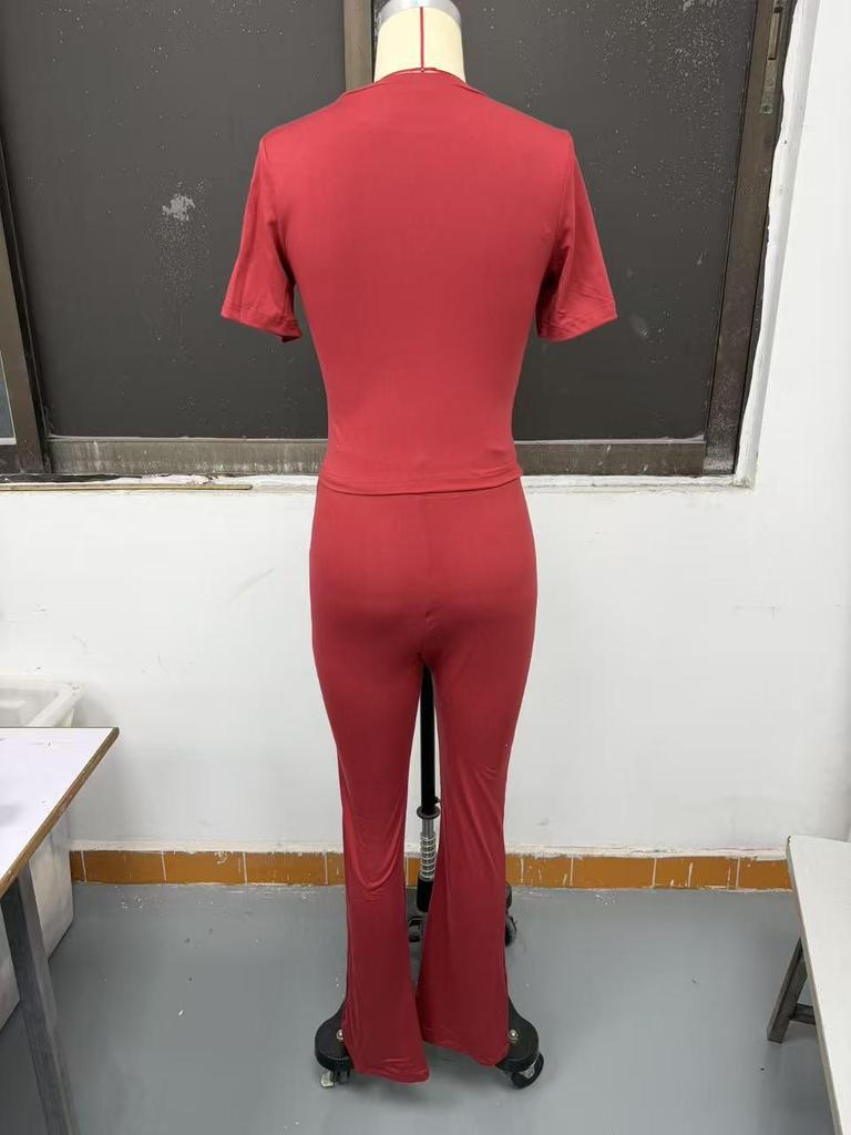 2025 European & American Women's Spring/Summer Solid Color Round Neck Set - Short Sleeve Top & Long Pants