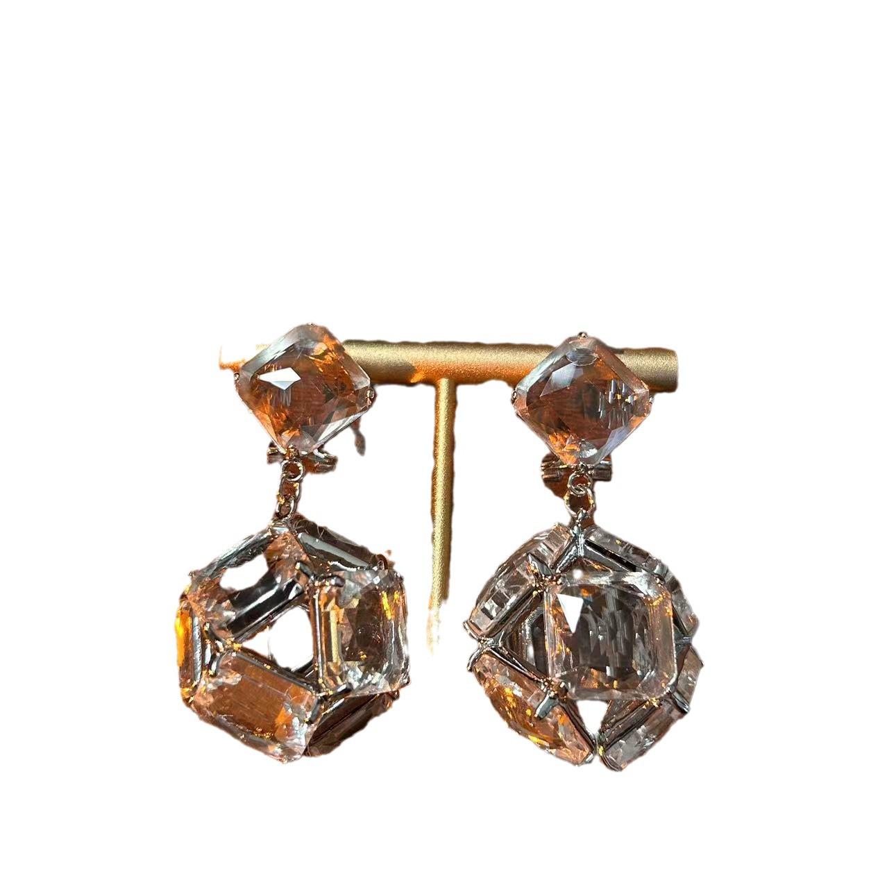 

Icy Cool Hollow Crystal Zircon Sugar Cube Vintage Copper Earrings