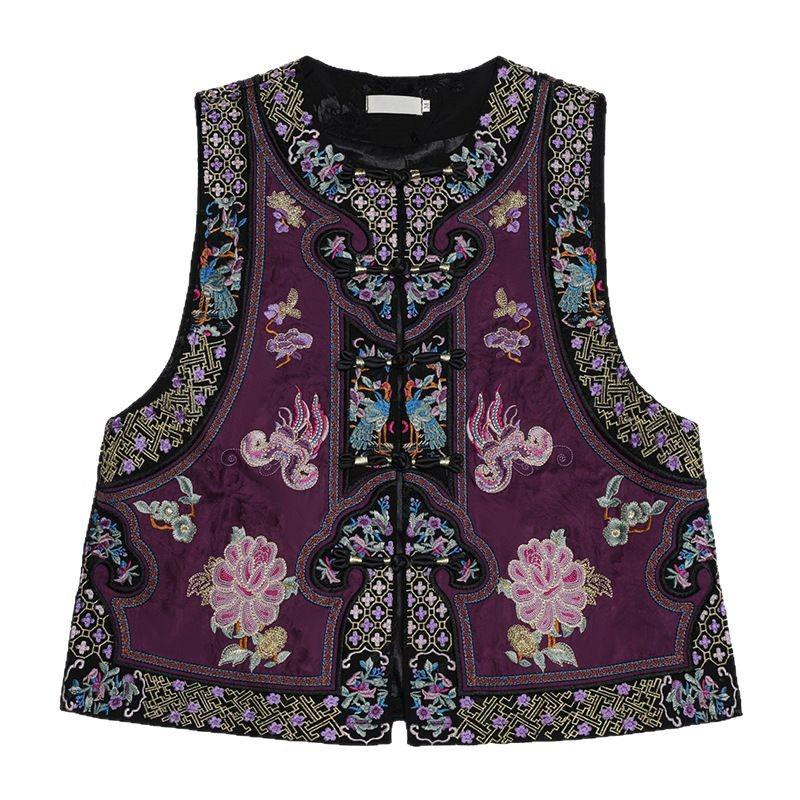 Ethnic Silk Embroidered Short Vest - New Chinese Style Cardigan