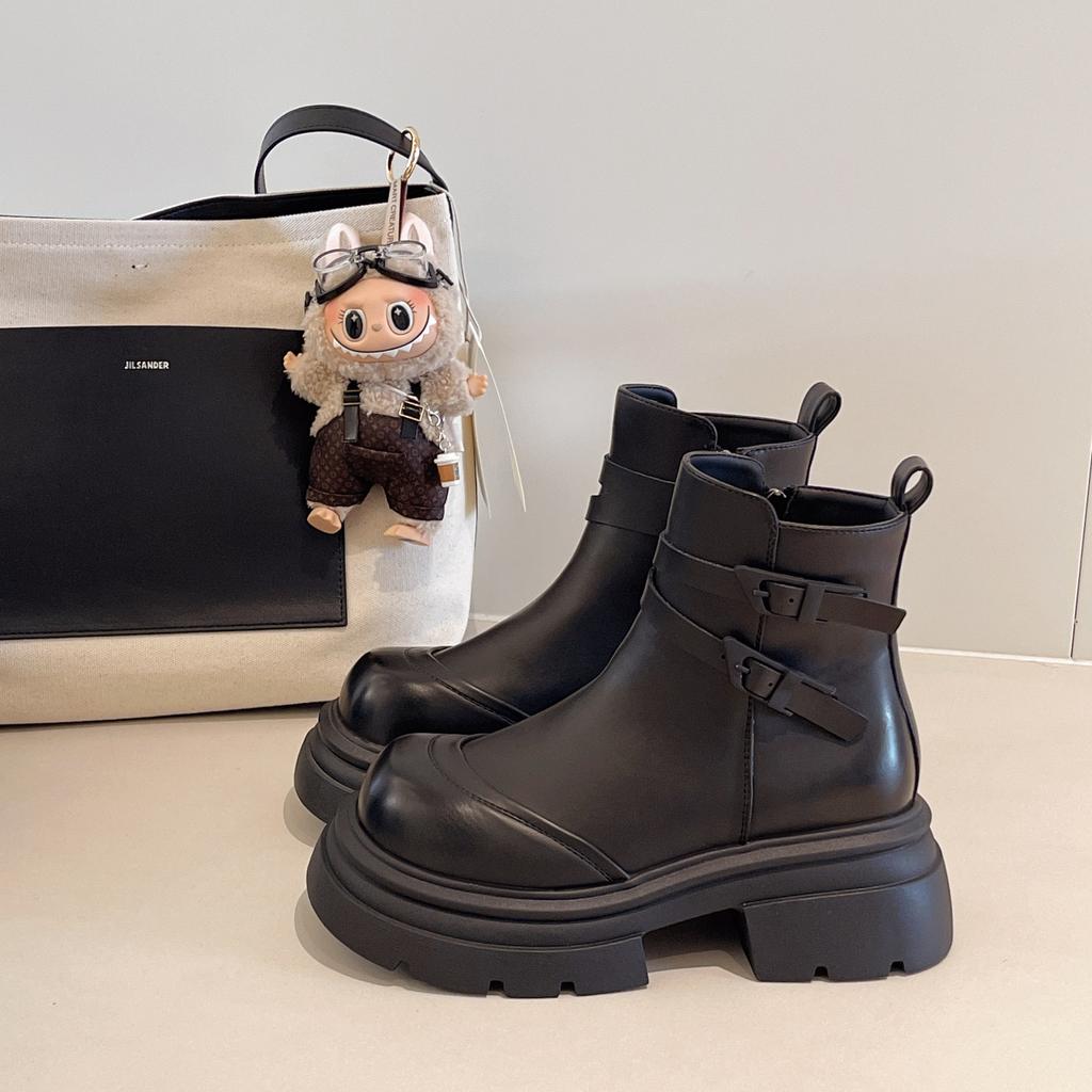 Round Head Thick Heel Soft Leather Martin Boots Women's Versatile British Skinny Boots Retro Platform Short Boots Fashion Chelsea Boots