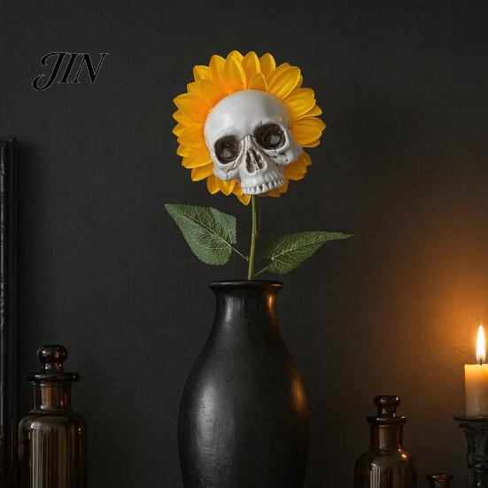 Halloween Lawn Decoration Sunflower Skull Ornament, Theme Garden Decor, Potted Skeleton Flower Pot Plant Waterproof Outdoor Decoration, for Patio Yard