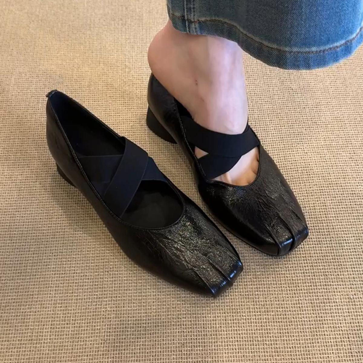 

Sheepskin version~ Cross-strap square head low-heeled ballet shoes for women s retro one-pedal leather versatile Mary Jane single shoes 35 чёрный