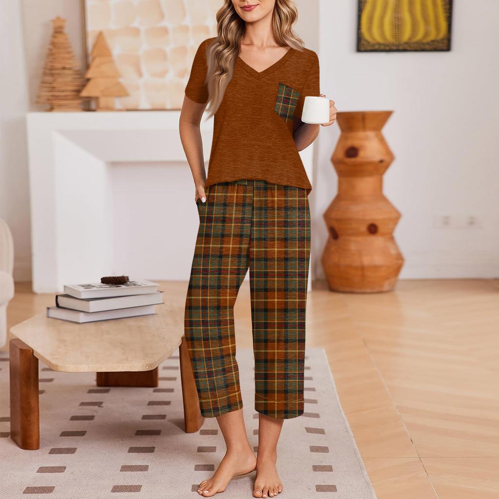 Women Casual Fashion Printed Round Neck Loose Short Sleeve T Shirt and Seven Quarter Pants Homewear Set Soft Comfortable Lightweight